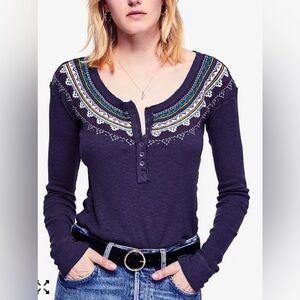 Free People Women’s Fair Isle Embroidered Thermal Henley Top Size XS